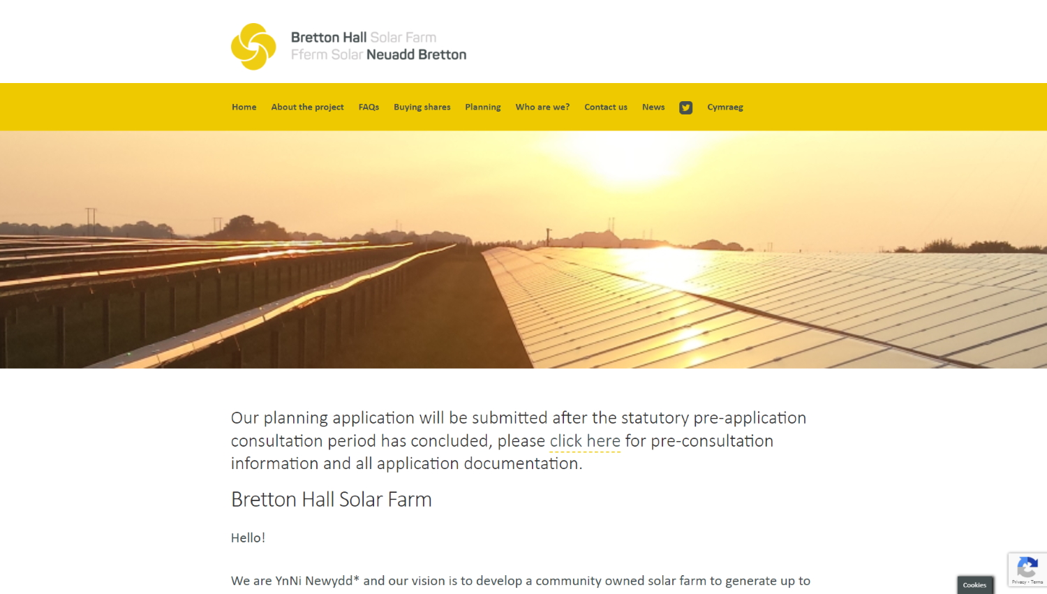 Screen grab of Bretton Hall Solar website