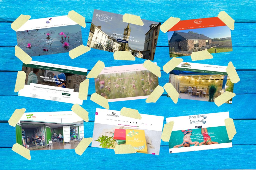 home-mobile Screen grabs of home pages of nine websites built by debbidoo/WP Websites Wales, arranged on turquoise-painted wooden boards. Each screen grab is held in place by pieces of masking tape.