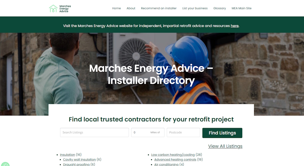 Screen grab of the home page of the Marches Energy Advice Directory website, which was built by debbidoo/WP Websites Wales